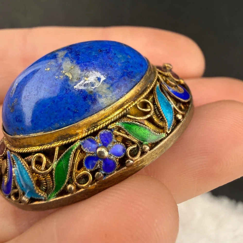 Vintage Chinese Export Enamel Filigree Brooch Blue Sterling Silver 925